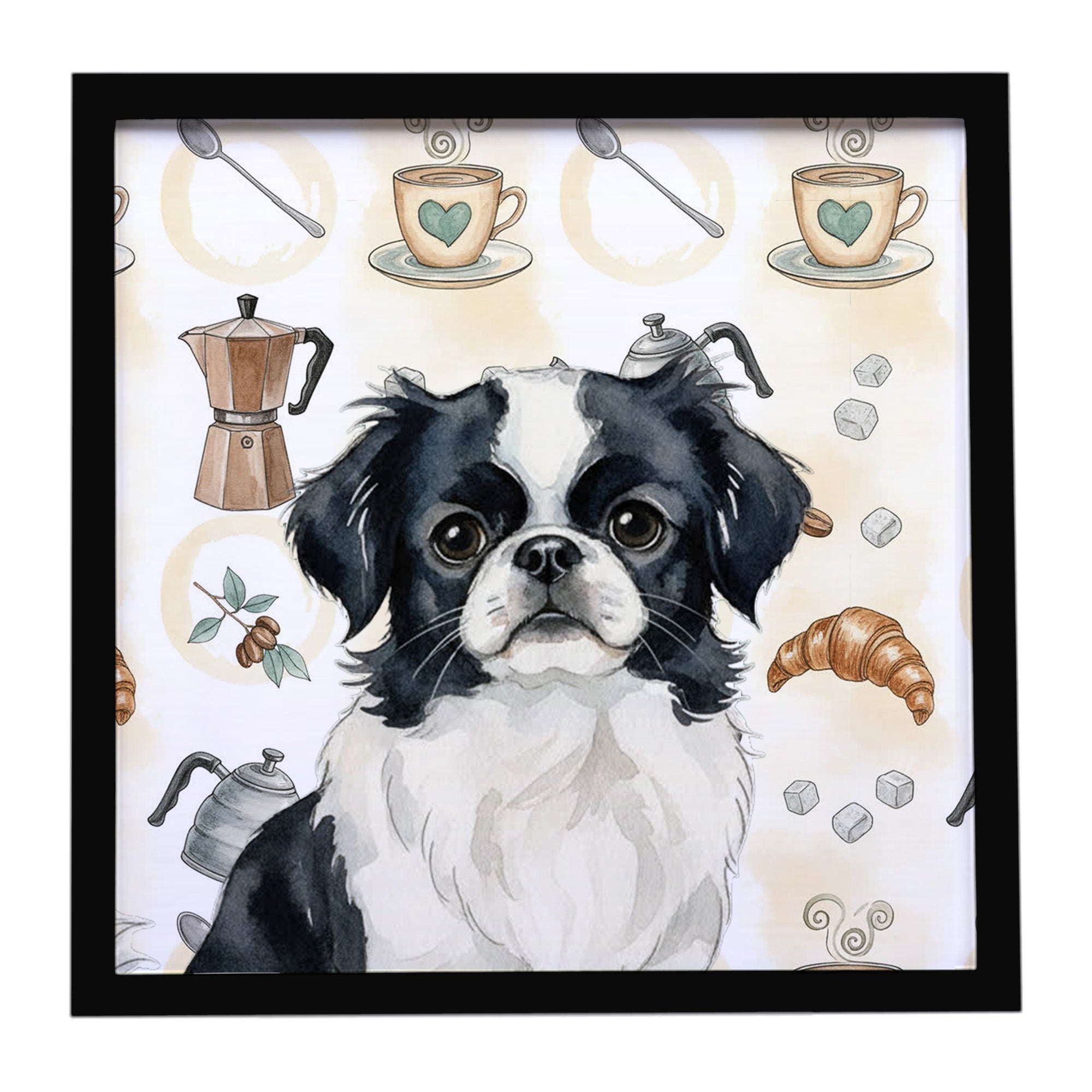 Black and White Japanese Chin Coffee Bar Framed Metal Print Bathroom, Kitchen, Office, Home Decor Wall Art Ready to Hang, Square, 8X8