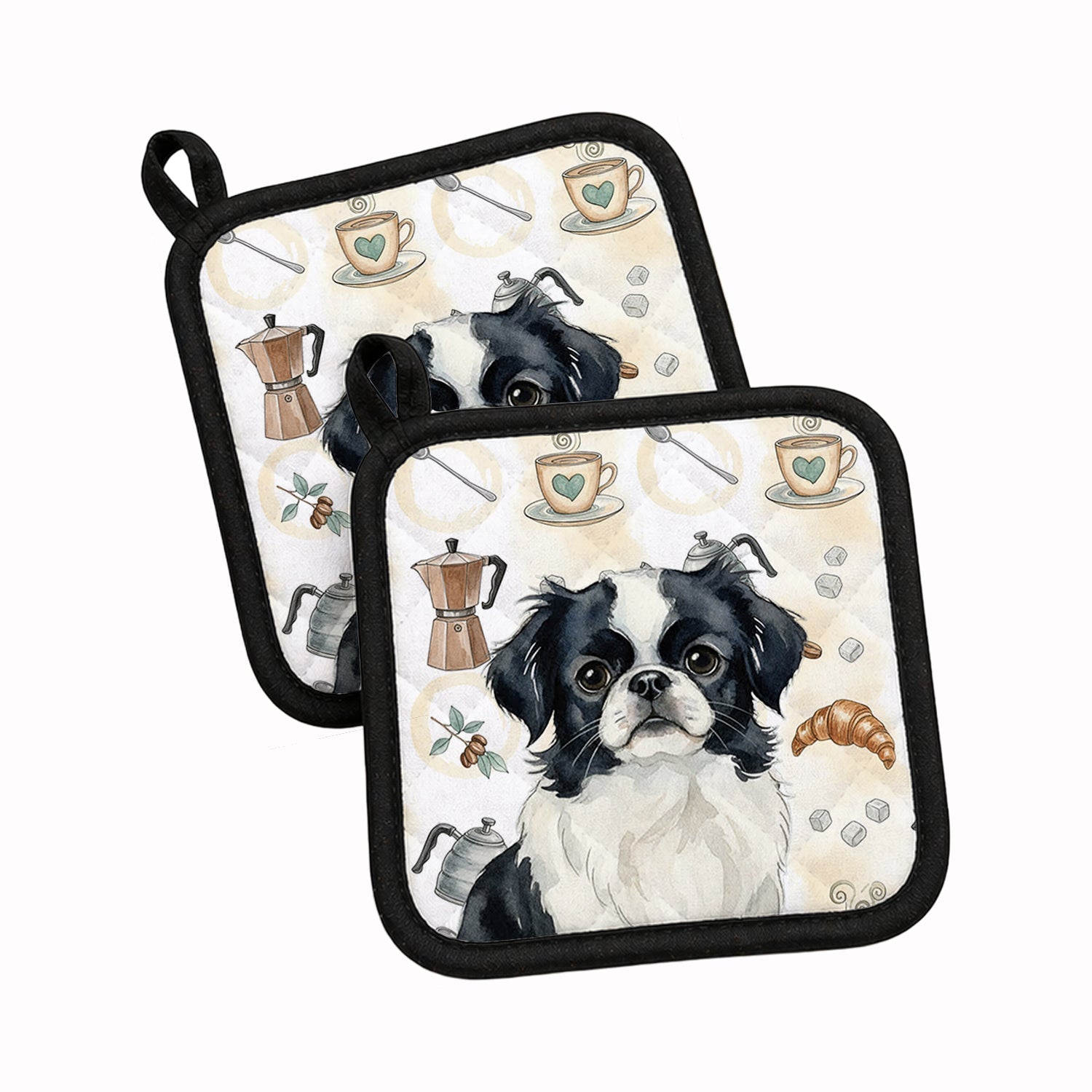Black and White Japanese Chin Coffee Bar Pot Holder Set of 2 Heat Resistant Quilted Hot Pads 7.5 x 7.5 Inch, Insulated Kitchen Trivets for Cooking & Baking