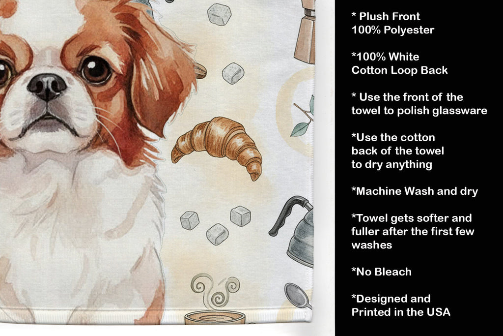 Red and White Japanese Chin Coffee Bar Kitchen Towel Velour Plush Front and Cotton Loop Back Machine Washable