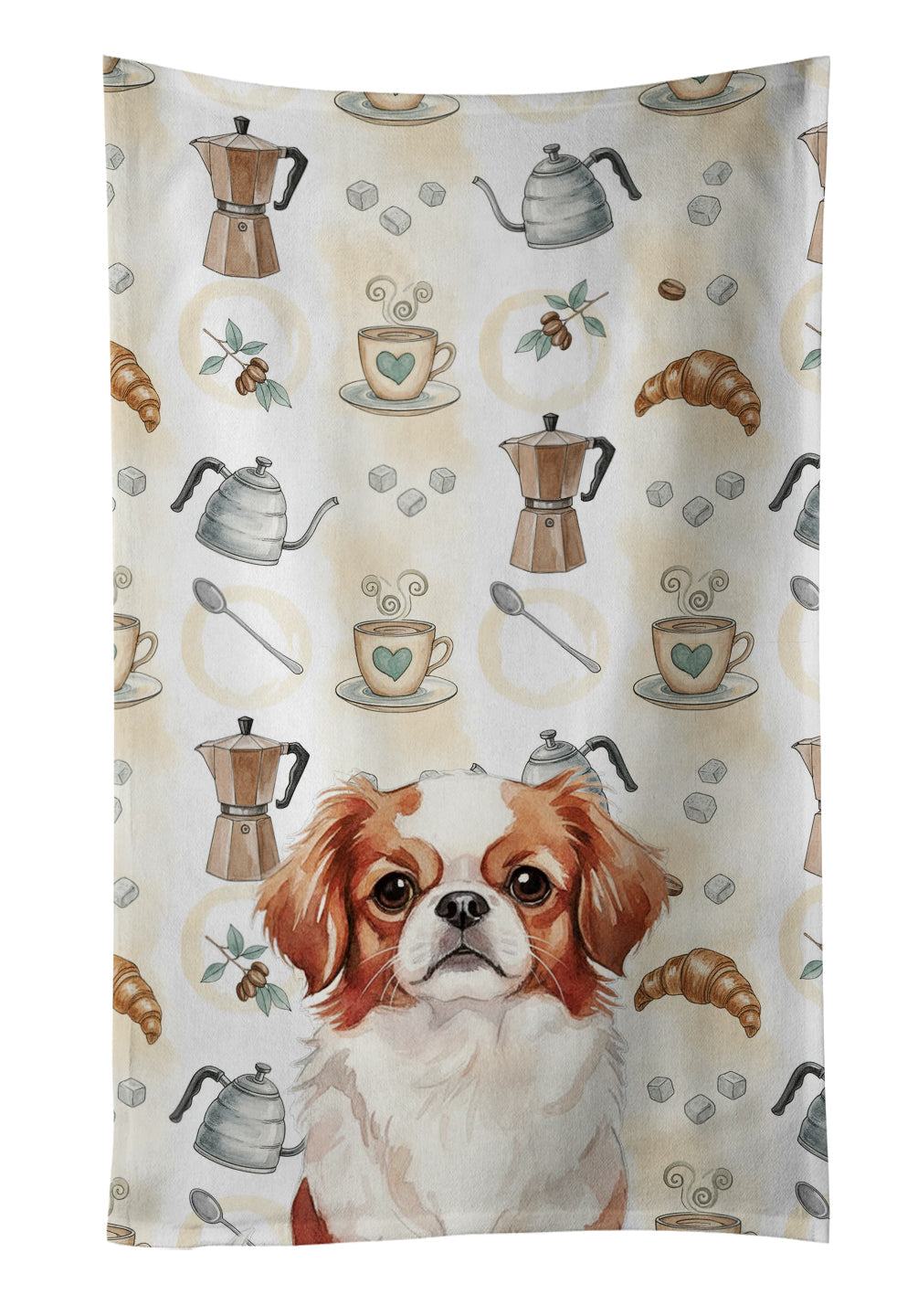 Red and White Japanese Chin Coffee Bar Kitchen Towel Velour Plush Front and Cotton Loop Back Machine Washable