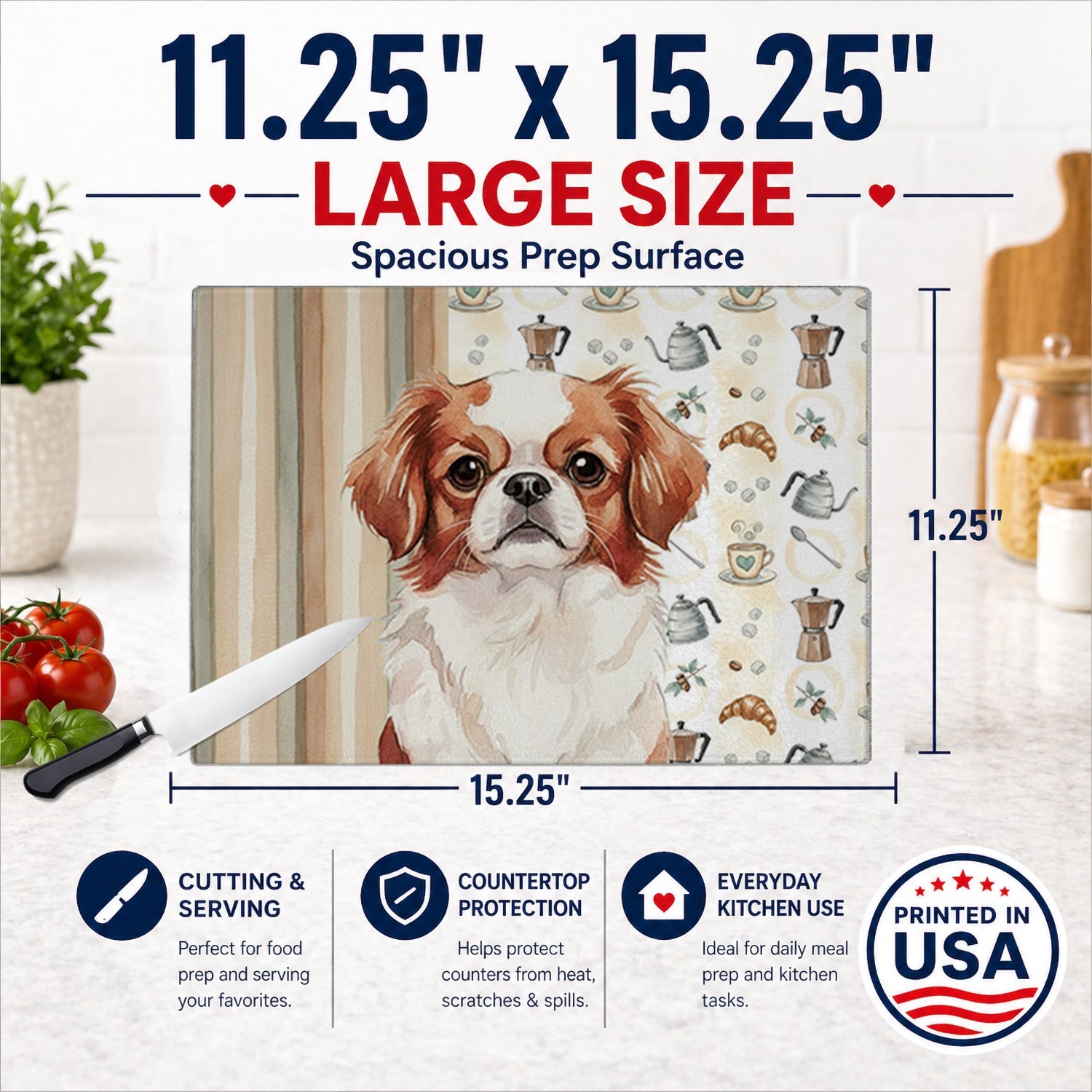Red and White Japanese Chin Coffee Bar Cutting Board Tempered Glass Kitchen Cutting Surface, Heat Resistant Chopping, Non-Slip Feet, Food Prep & Serving