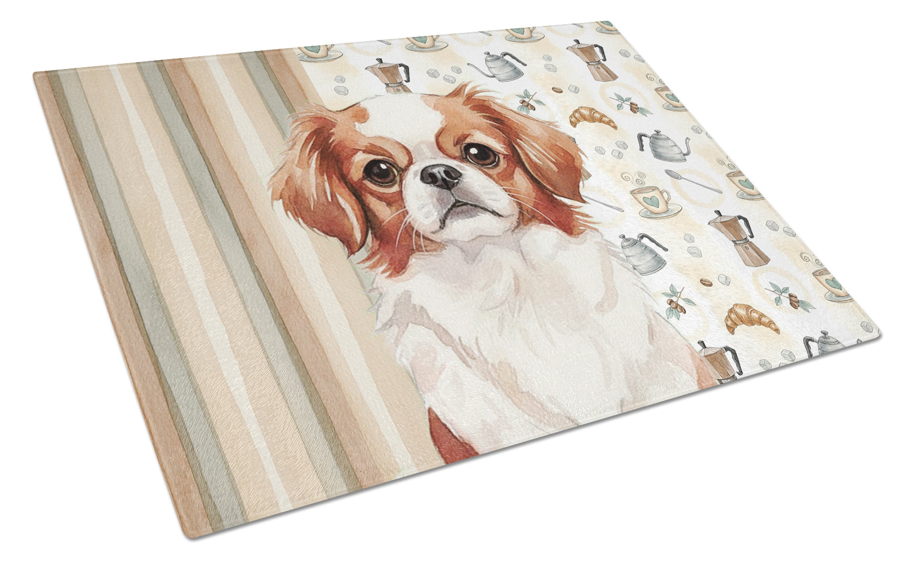 Red and White Japanese Chin Coffee Bar Cutting Board Tempered Glass Kitchen Cutting Surface, Heat Resistant Chopping, Non-Slip Feet, Food Prep & Serving