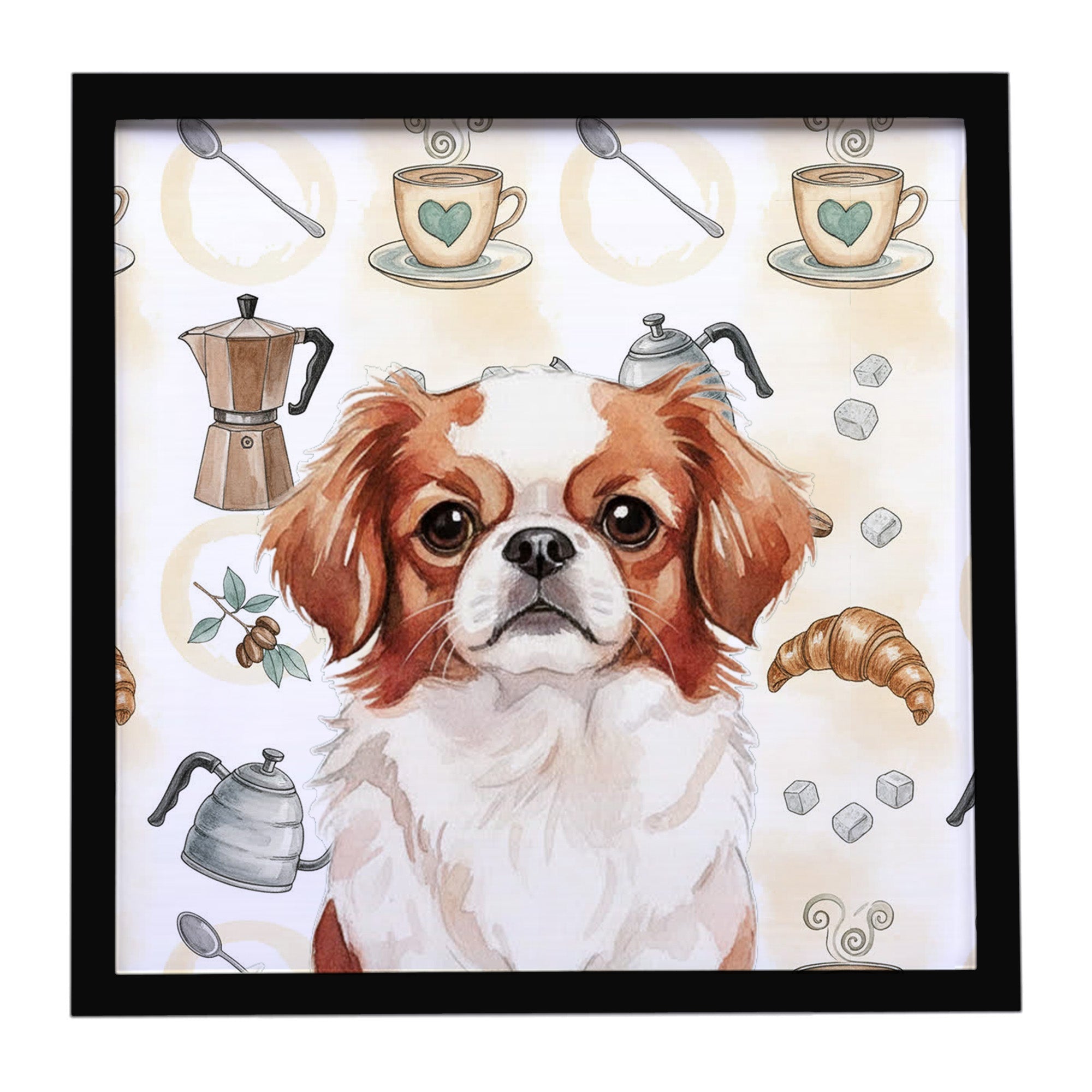 Red and White Japanese Chin Coffee Bar Framed Metal Print Bathroom, Kitchen, Office, Home Decor Wall Art Ready to Hang, Square, 8X8