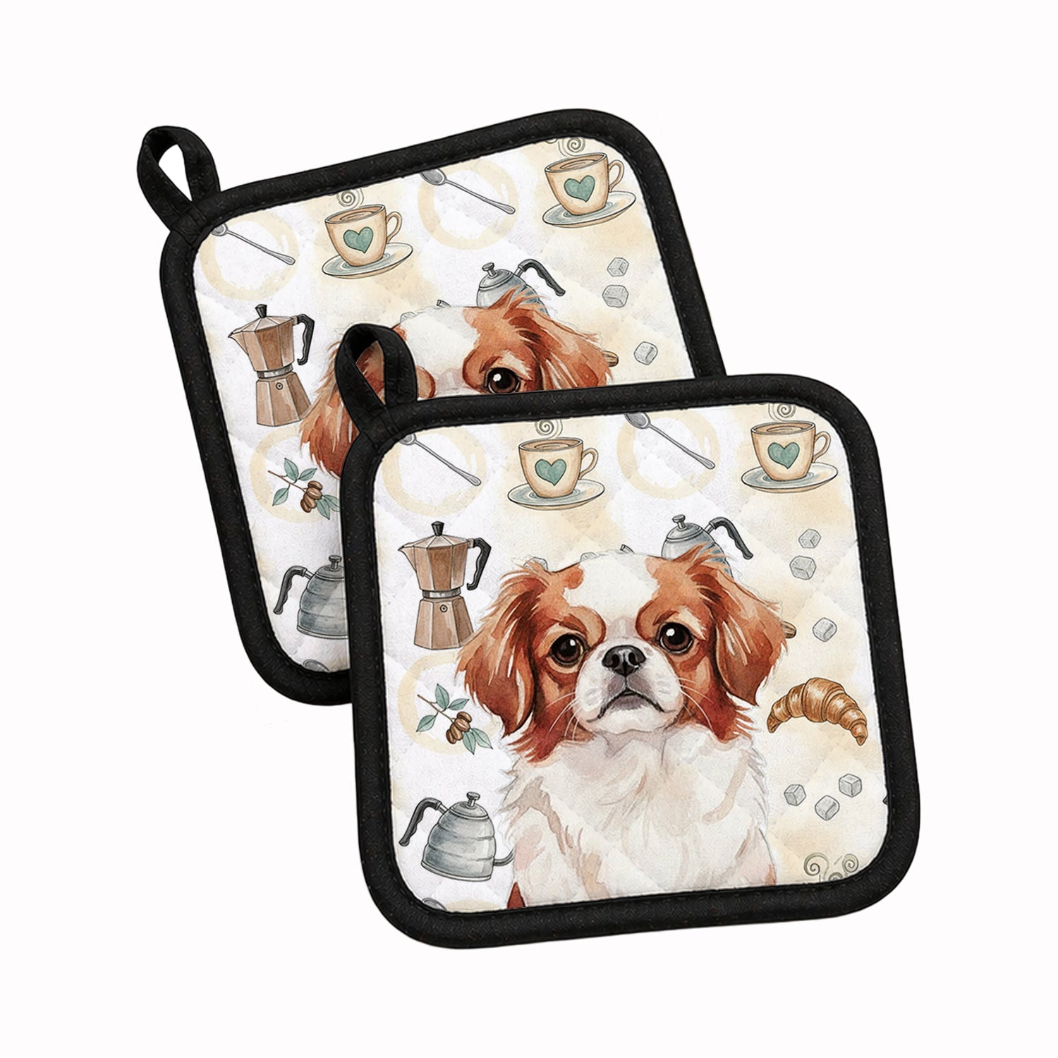 Red and White Japanese Chin Coffee Bar Pot Holder Set of 2 Heat Resistant Quilted Hot Pads 7.5 x 7.5 Inch, Insulated Kitchen Trivets for Cooking & Baking
