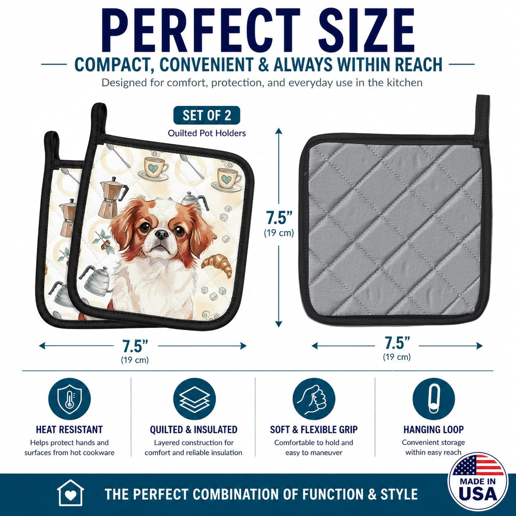 Red and White Japanese Chin Coffee Bar Pot Holder Set of 2 Heat Resistant Quilted Hot Pads 7.5 x 7.5 Inch, Insulated Kitchen Trivets for Cooking & Baking