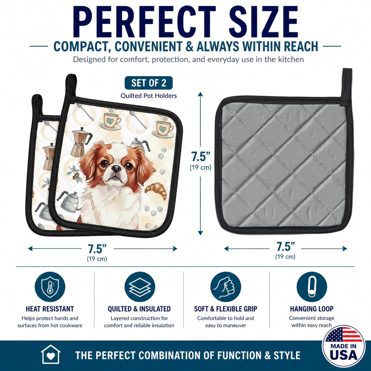 Red and White Japanese Chin Coffee Bar Pot Holder Set of 2 Heat Resistant Quilted Hot Pads 7.5 x 7.5 Inch, Insulated Kitchen Trivets for Cooking & Baking