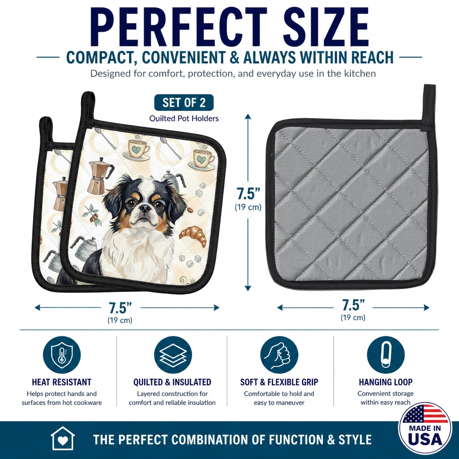 Tricolor Japanese Chin Coffee Bar Pot Holder Set of 2 Heat Resistant Quilted Hot Pads 7.5 x 7.5 Inch, Insulated Kitchen Trivets for Cooking & Baking