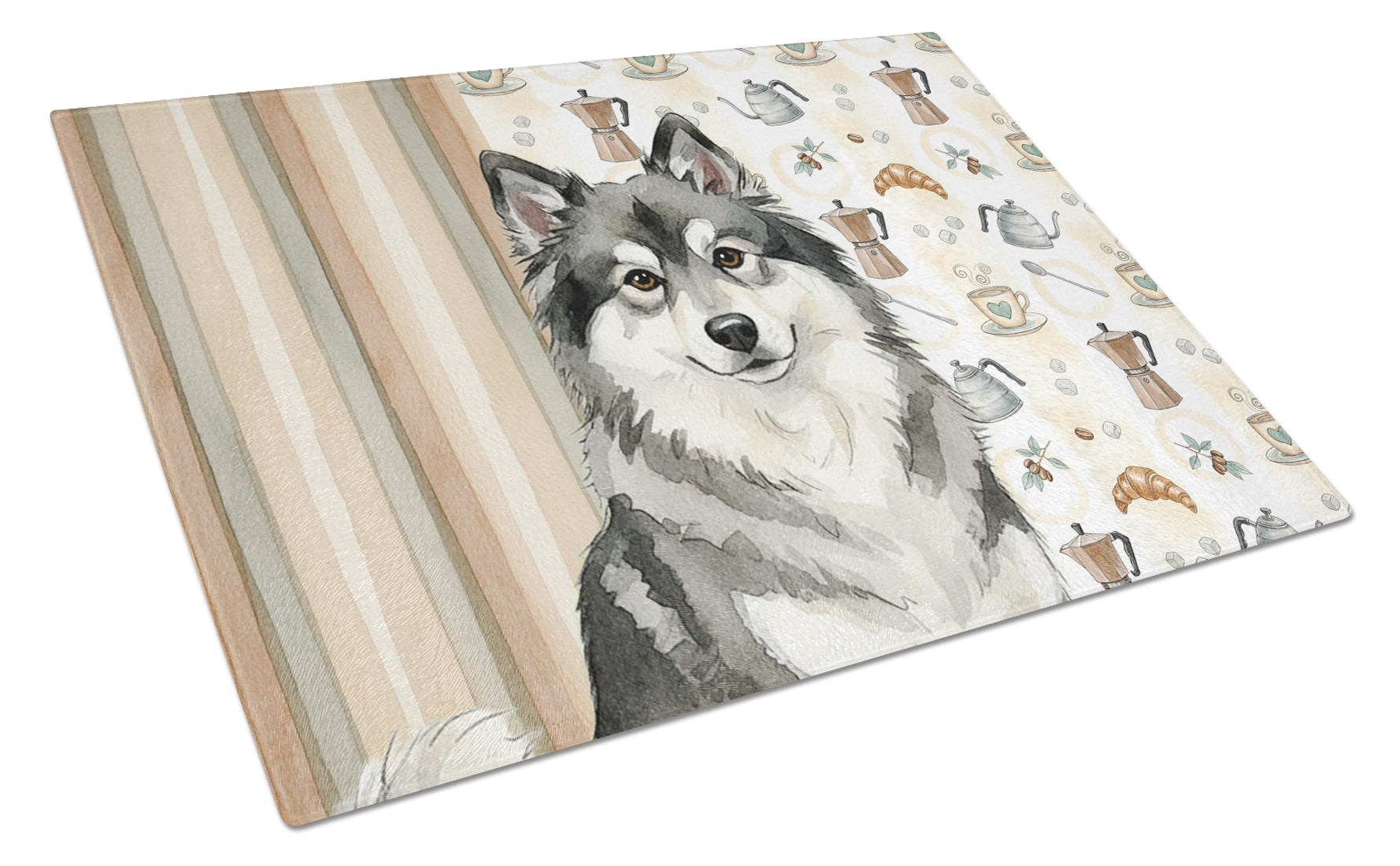 Keeshond Coffee Bar Cutting Board Tempered Glass Kitchen Cutting Surface, Heat Resistant Chopping, Non-Slip Feet, Food Prep & Serving