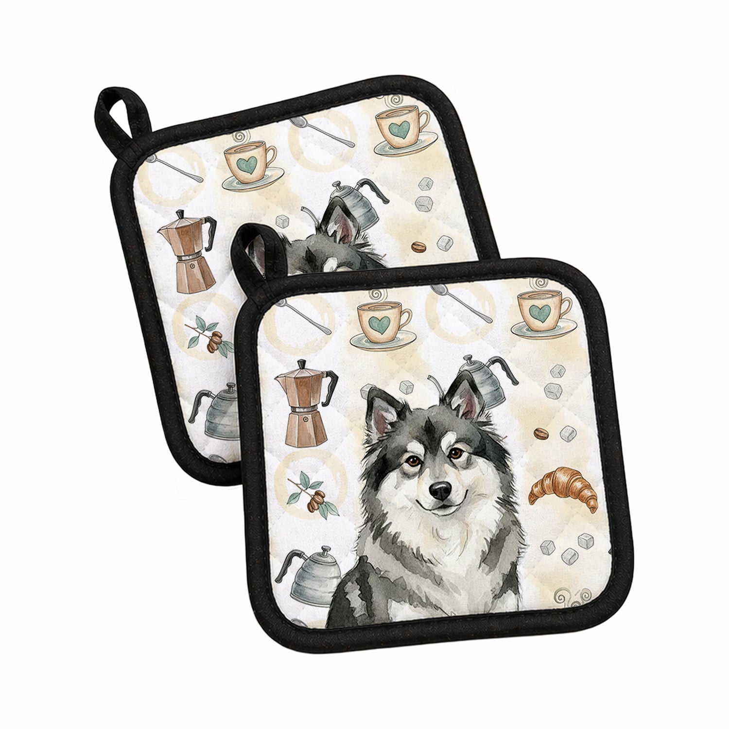 Keeshond Coffee Bar Pot Holder Set of 2 Heat Resistant Quilted Hot Pads 7.5 x 7.5 Inch, Insulated Kitchen Trivets for Cooking & Baking