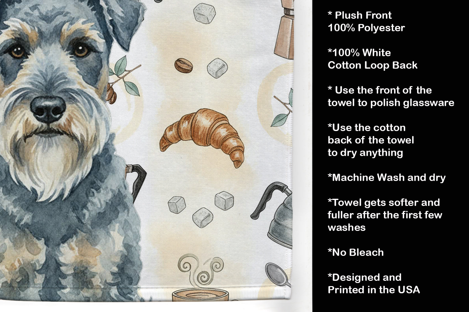 Kerry Blue Terrier Coffee Bar Kitchen Towel Velour Plush Front and Cotton Loop Back Machine Washable