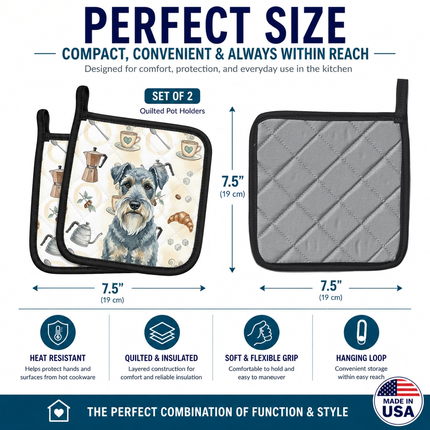 Kerry Blue Terrier Coffee Bar Pot Holder Set of 2 Heat Resistant Quilted Hot Pads 7.5 x 7.5 Inch, Insulated Kitchen Trivets for Cooking & Baking
