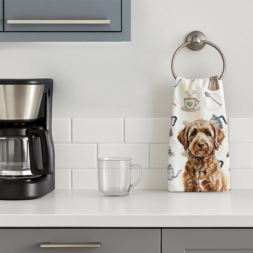 Chocolate Labradoodle Coffee Bar Kitchen Towel Velour Plush Front and Cotton Loop Back Machine Washable