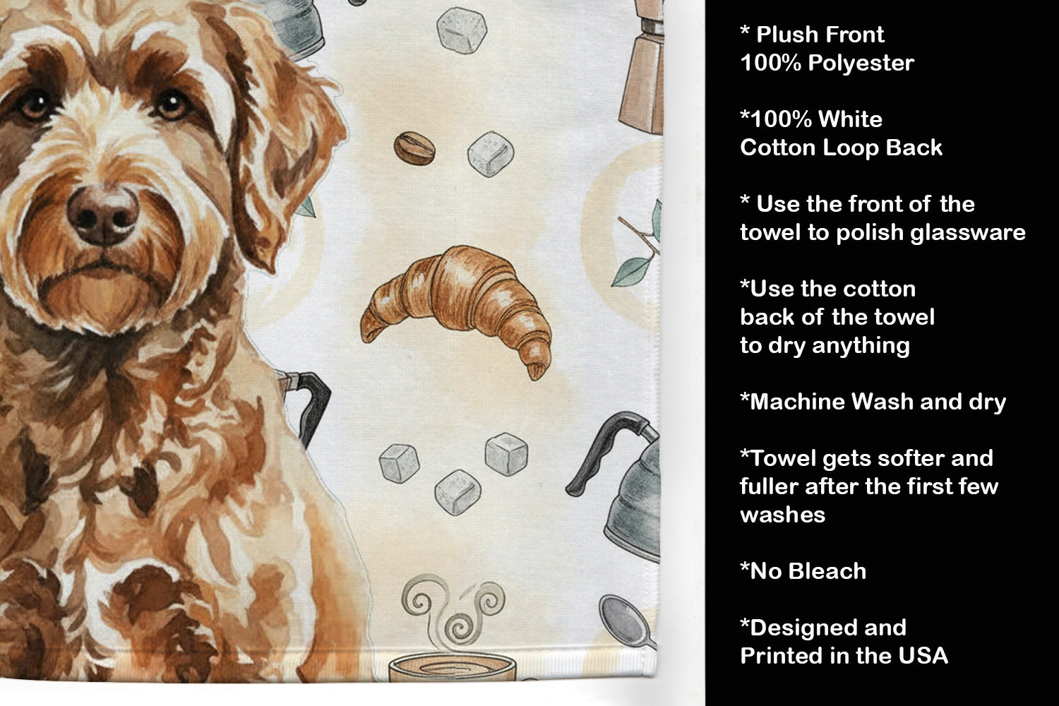 Chocolate Labradoodle Coffee Bar Kitchen Towel Velour Plush Front and Cotton Loop Back Machine Washable