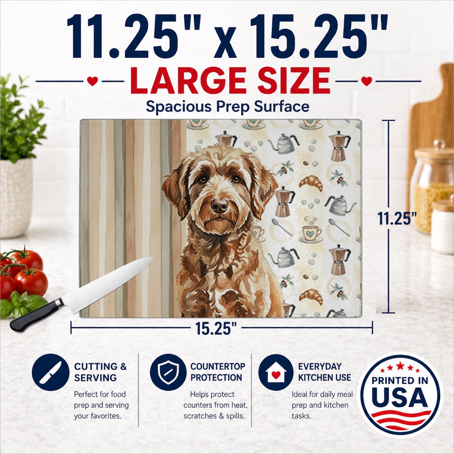 Chocolate Labradoodle Coffee Bar Cutting Board Tempered Glass Kitchen Cutting Surface, Heat Resistant Chopping, Non-Slip Feet, Food Prep & Serving