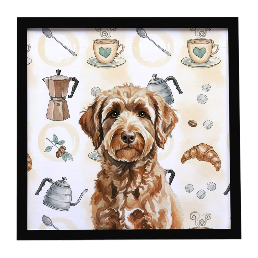Chocolate Labradoodle Coffee Bar Framed Metal Print Bathroom, Kitchen, Office, Home Decor Wall Art Ready to Hang, Square, 8X8