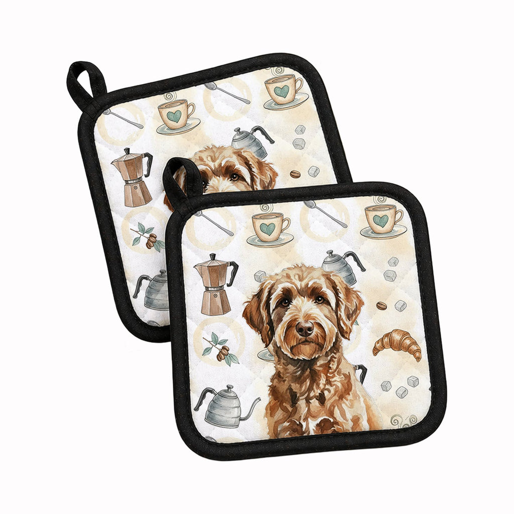 Chocolate Labradoodle Coffee Bar Pot Holder Set of 2 Heat Resistant Quilted Hot Pads 7.5 x 7.5 Inch, Insulated Kitchen Trivets for Cooking & Baking