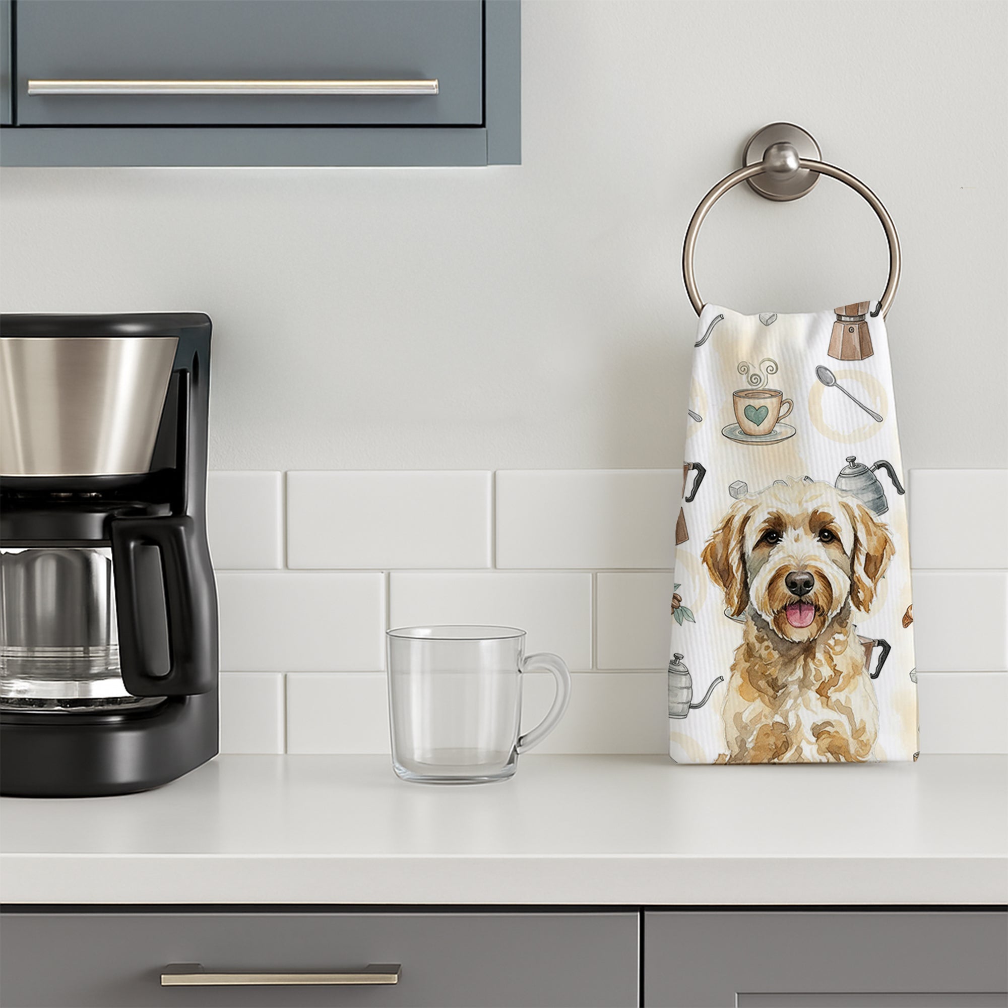 Labradoodle Coffee Bar Kitchen Towel Velour Plush Front and Cotton Loop Back Machine Washable