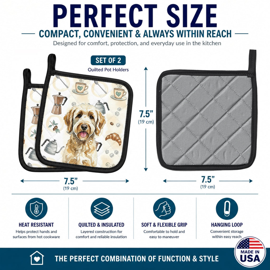 Labradoodle Coffee Bar Pot Holder Set of 2 Heat Resistant Quilted Hot Pads 7.5 x 7.5 Inch, Insulated Kitchen Trivets for Cooking & Baking