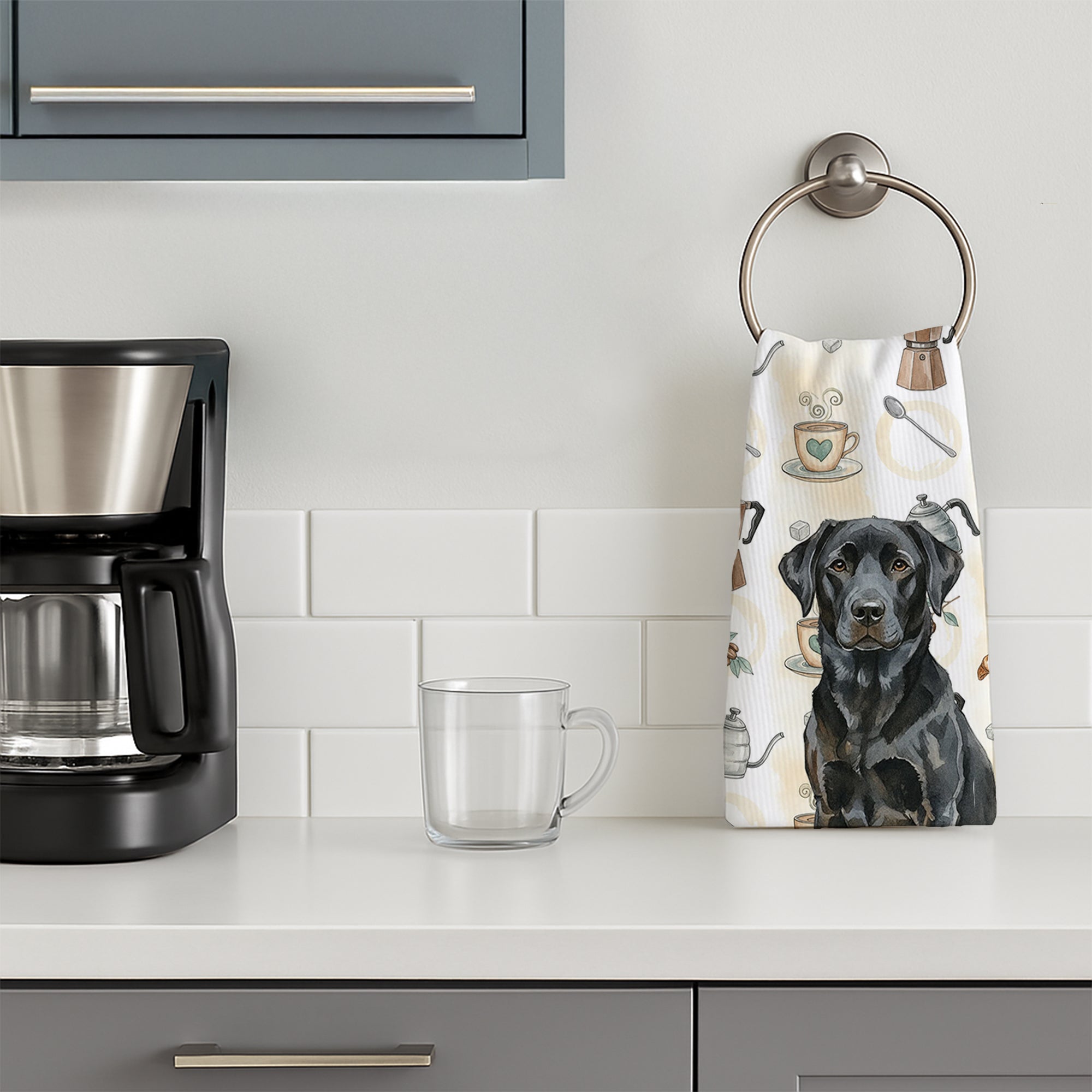Black Labrador Retriever Coffee Bar Kitchen Towel Velour Plush Front and Cotton Loop Back Machine Washable