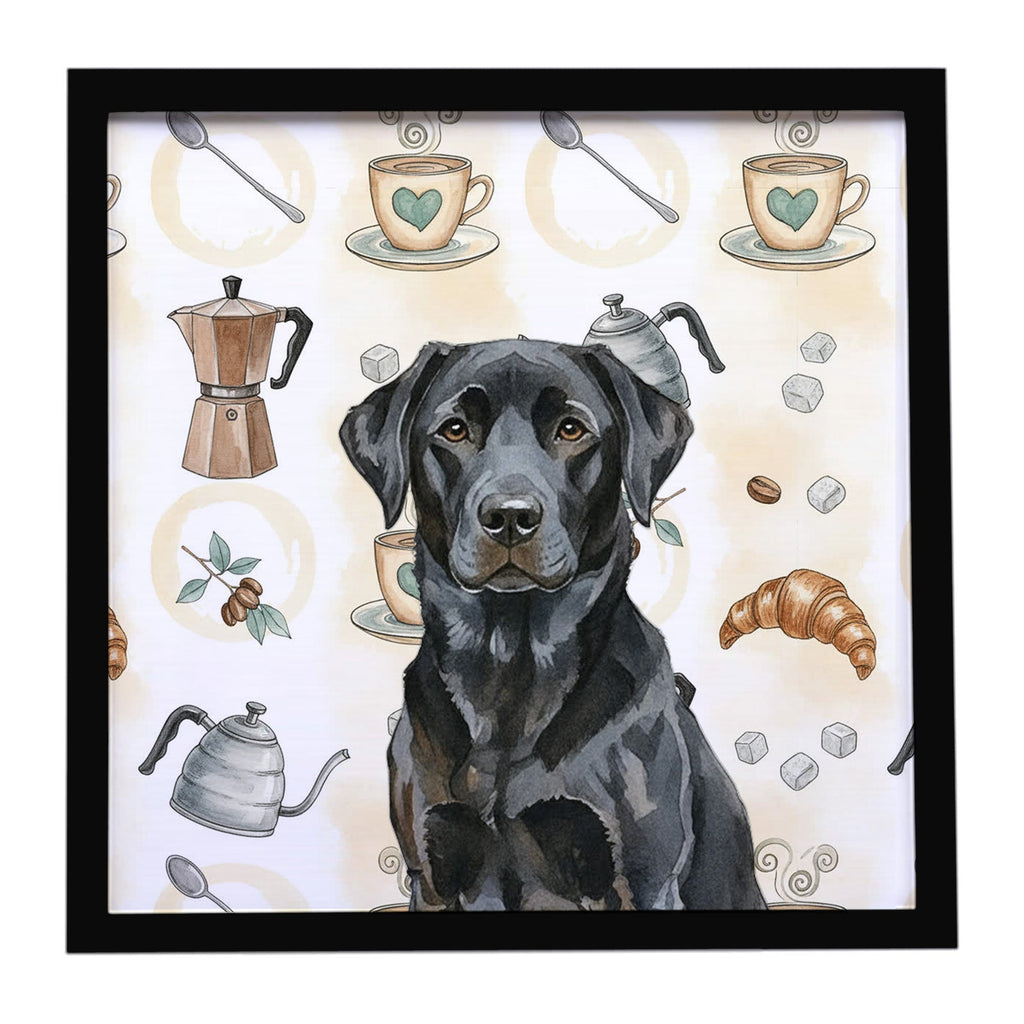 Black Labrador Retriever Coffee Bar Framed Metal Print Bathroom, Kitchen, Office, Home Decor Wall Art Ready to Hang, Square, 8X8