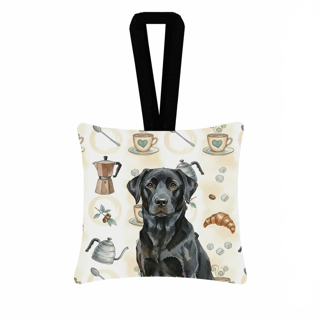 Black Labrador Retriever Coffee Bar Hanging Square Fabric Ornament 3.5 � 3.5 Decorative Door-Knob & Tree Hanger, Soft Fabric