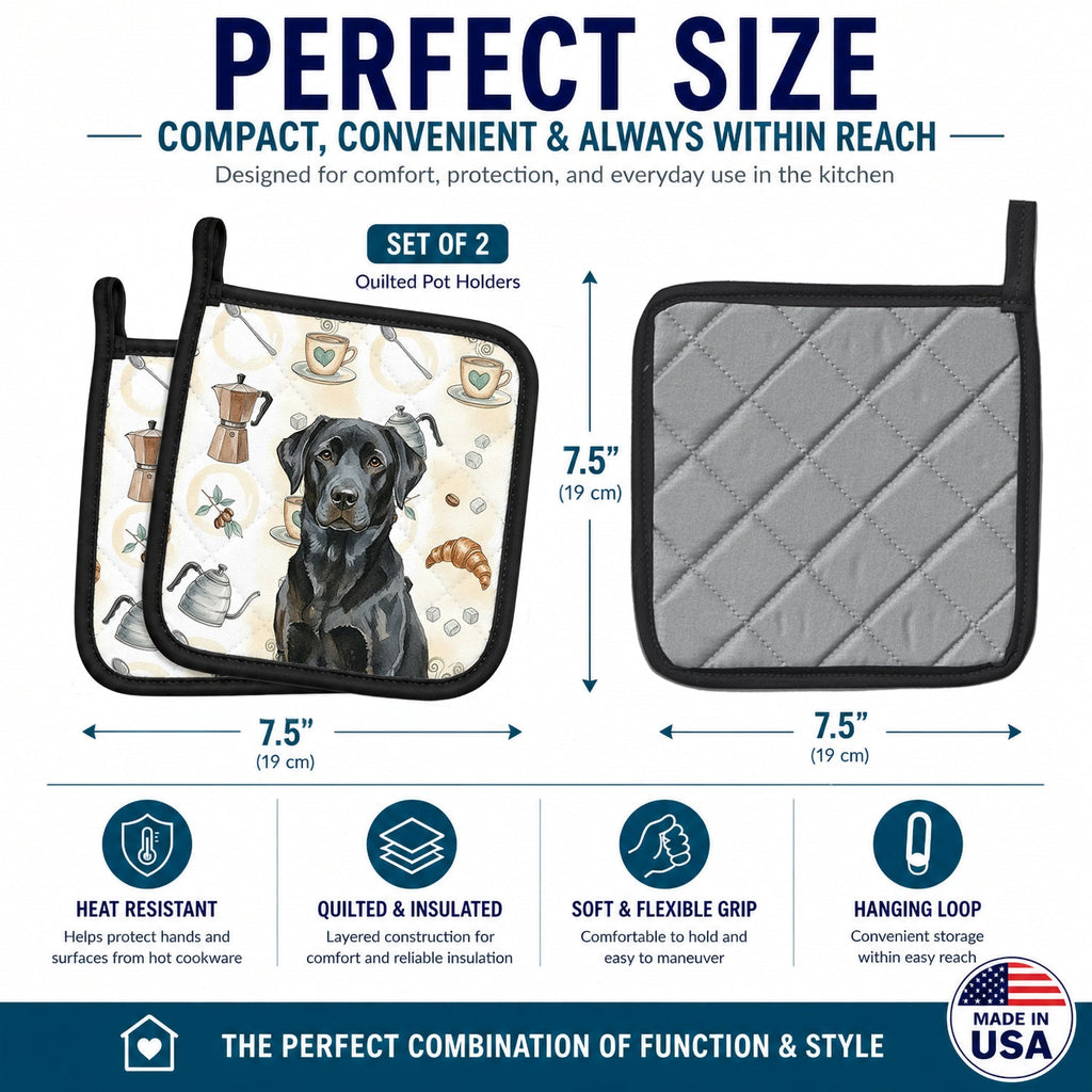 Black Labrador Retriever Coffee Bar Pot Holder Set of 2 Heat Resistant Quilted Hot Pads 7.5 x 7.5 Inch, Insulated Kitchen Trivets for Cooking & Baking