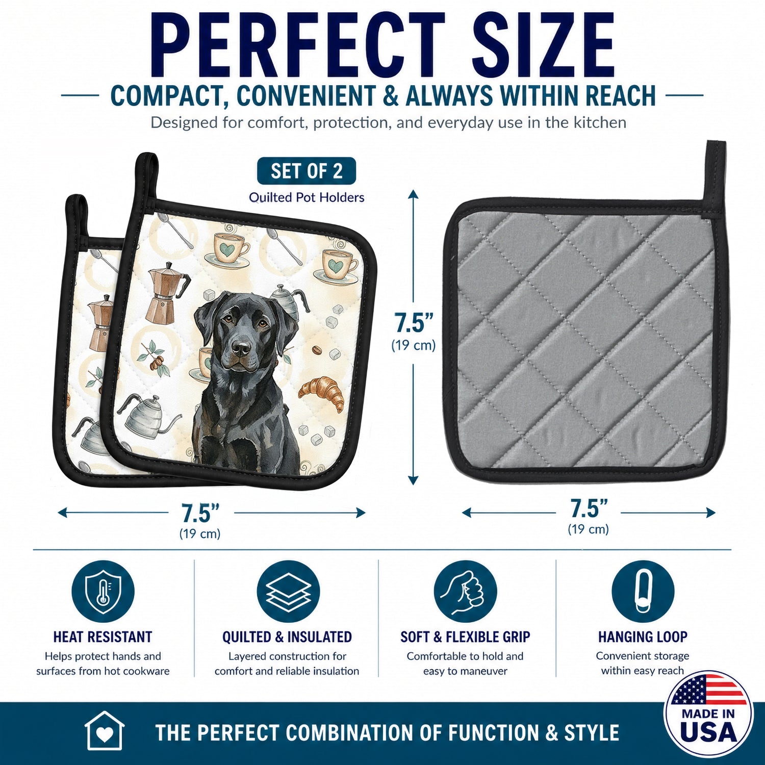 Black Labrador Retriever Coffee Bar Pot Holder Set of 2 Heat Resistant Quilted Hot Pads 7.5 x 7.5 Inch, Insulated Kitchen Trivets for Cooking & Baking