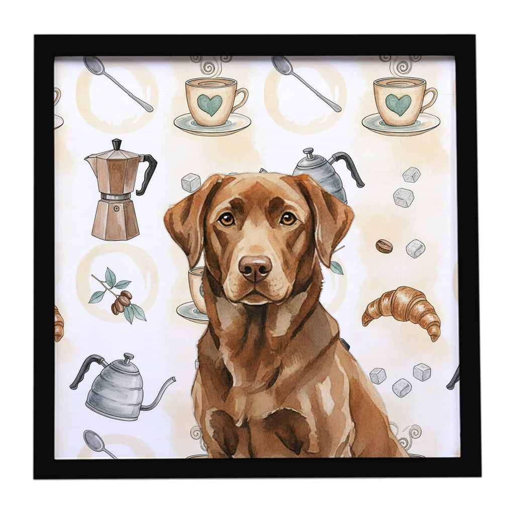 Chocolate Labrador Retriever Coffee Bar Framed Metal Print Bathroom, Kitchen, Office, Home Decor Wall Art Ready to Hang, Square, 8X8
