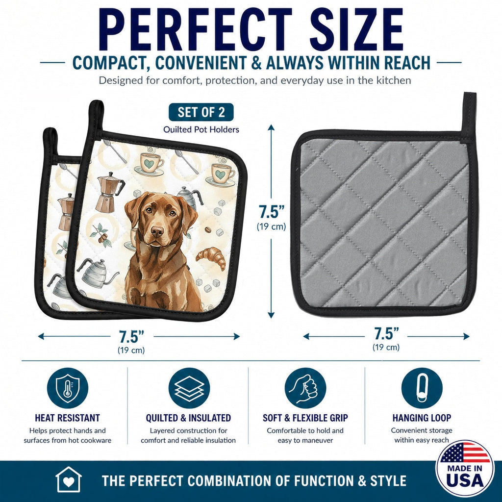 Chocolate Labrador Retriever Coffee Bar Pot Holder Set of 2 Heat Resistant Quilted Hot Pads 7.5 x 7.5 Inch, Insulated Kitchen Trivets for Cooking & Baking