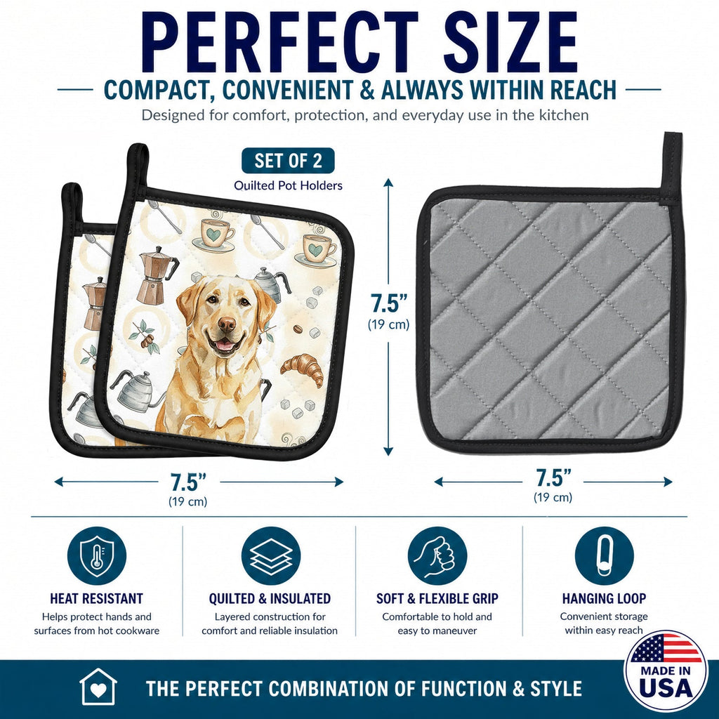 Yellow Labrador Retriever Coffee Bar Pot Holder Set of 2 Heat Resistant Quilted Hot Pads 7.5 x 7.5 Inch, Insulated Kitchen Trivets for Cooking & Baking