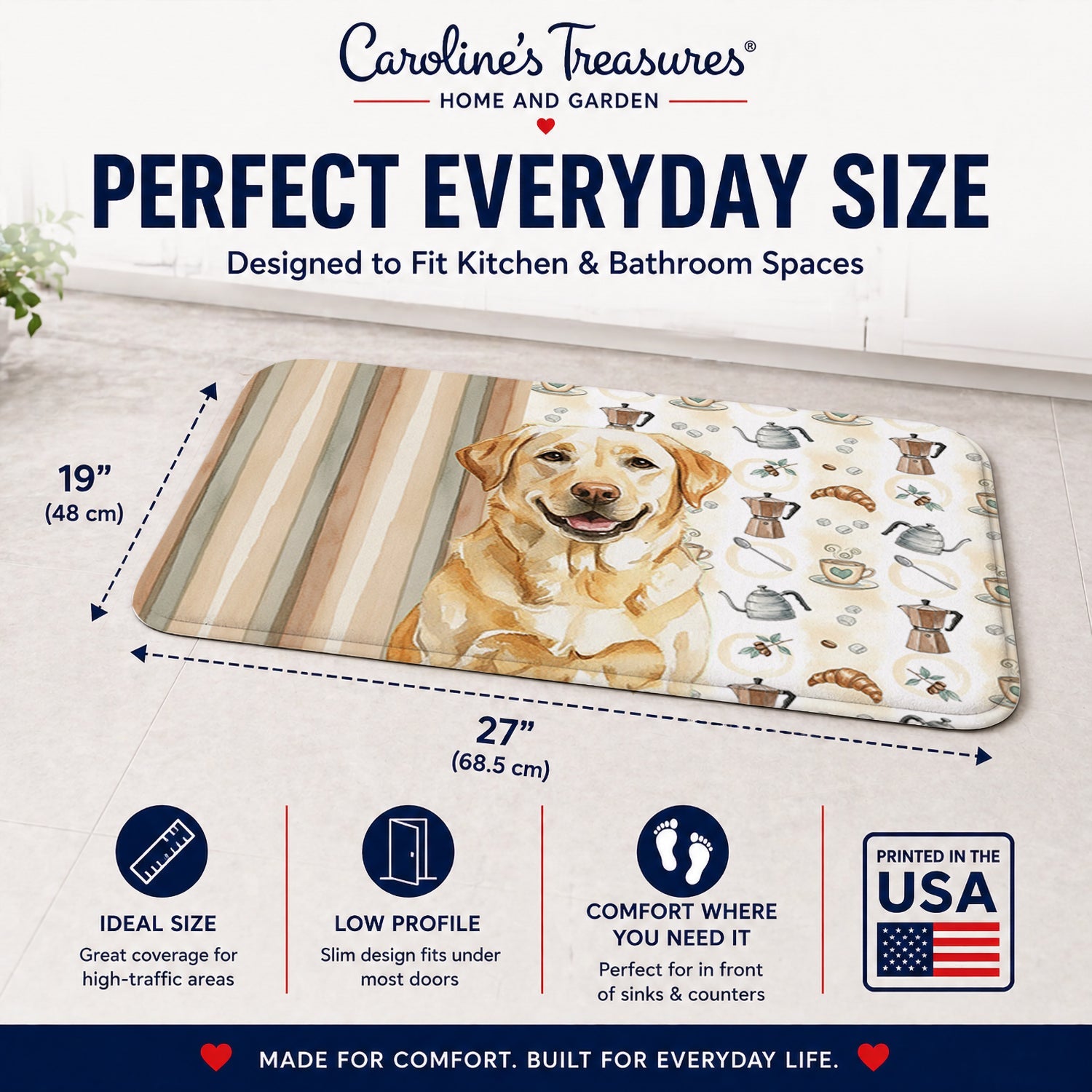 Yellow Labrador Retriever Coffee Bar Memory Foam Kitchen Mat Machine Washable Anti-Fatigue Cushion Comfort Bath or Kitchen Rug