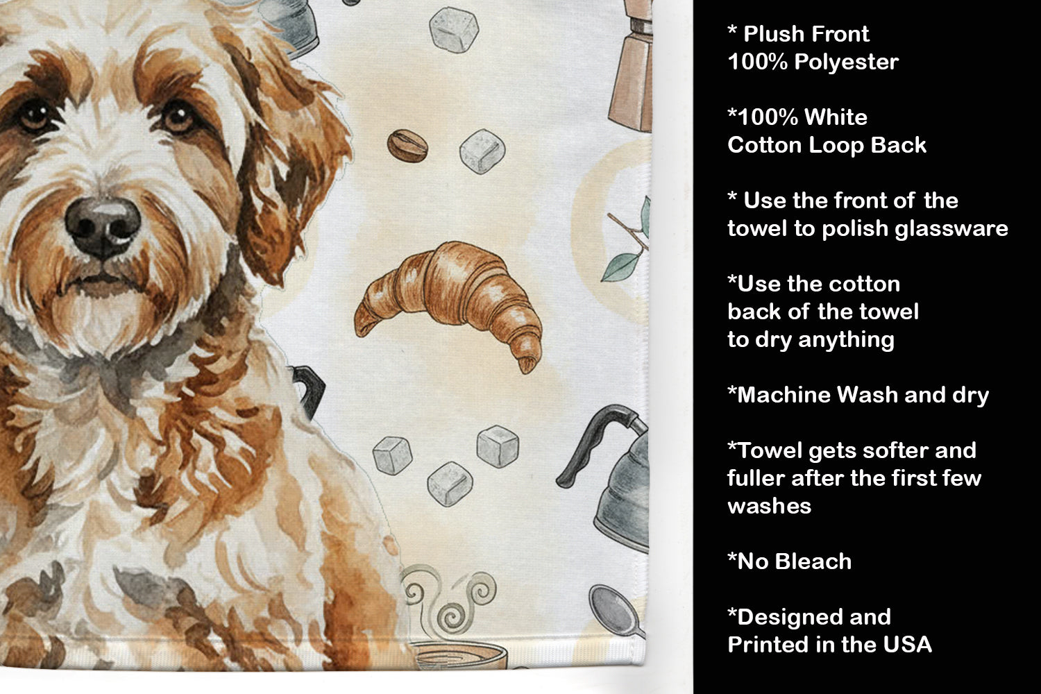 Lagotto Romagnolo Coffee Bar Kitchen Towel Velour Plush Front and Cotton Loop Back Machine Washable