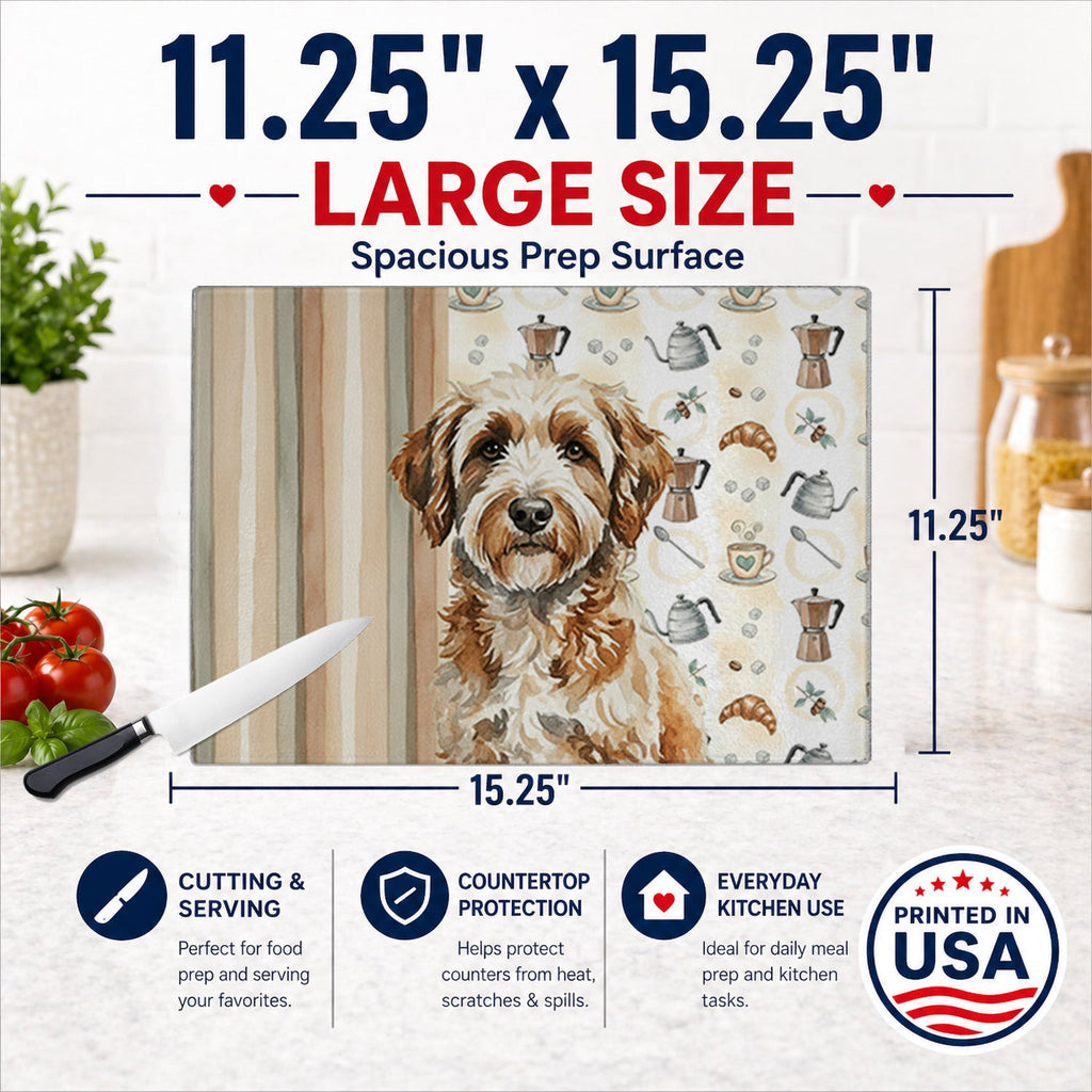 Lagotto Romagnolo Coffee Bar Cutting Board Tempered Glass Kitchen Cutting Surface, Heat Resistant Chopping, Non-Slip Feet, Food Prep & Serving