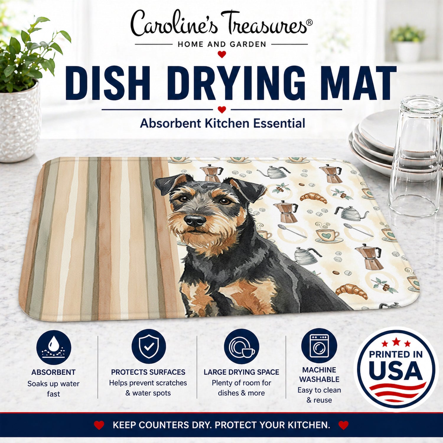 Black and Tan Lakeland Terrier Coffee Bar Dish Drying Mat Absorbent Dish Drying Mat Pad for Kitchen Counter Dish Drainer Mat for Countertop, 14 x 21", Multicolor