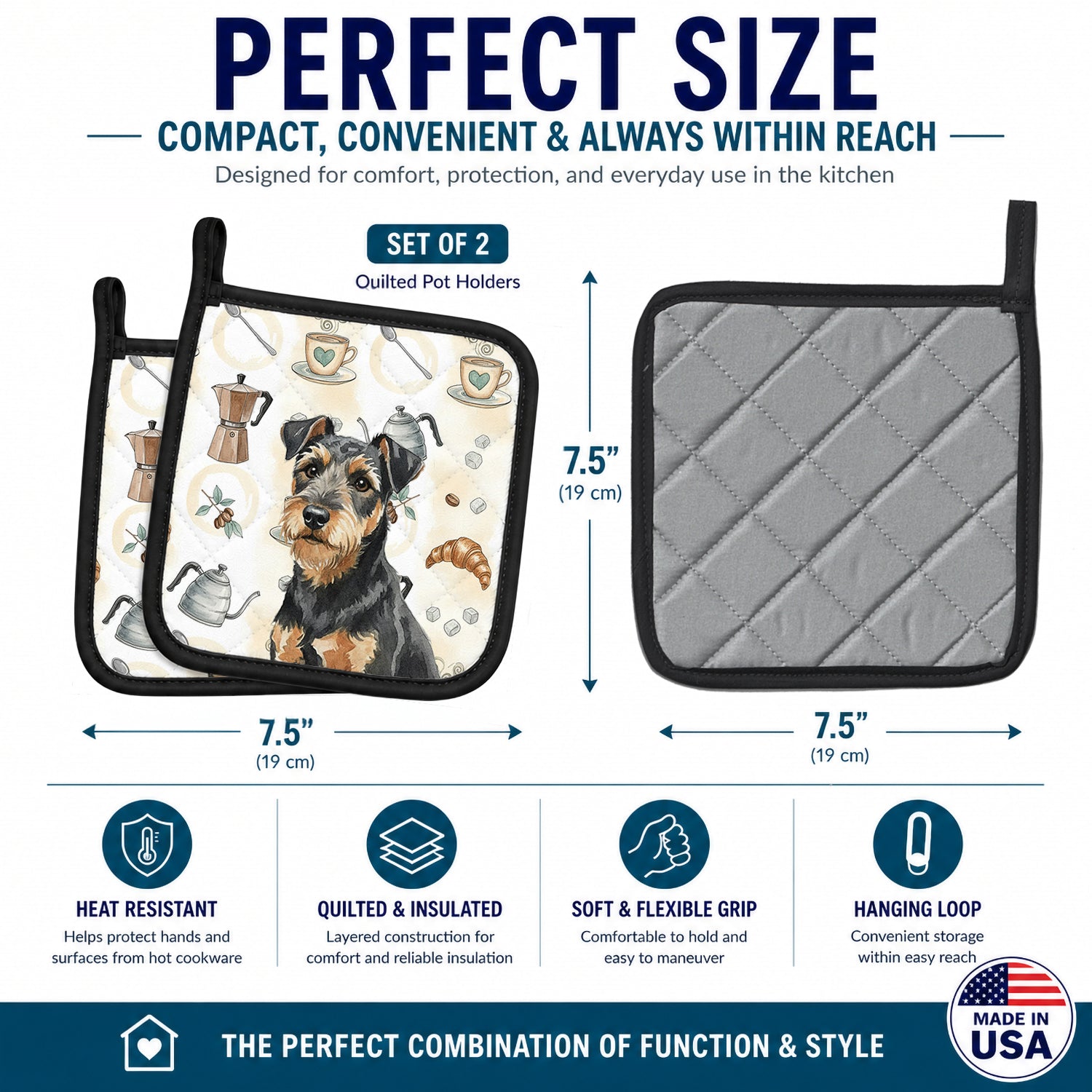 Black and Tan Lakeland Terrier Coffee Bar Pot Holder Set of 2 Heat Resistant Quilted Hot Pads 7.5 x 7.5 Inch, Insulated Kitchen Trivets for Cooking & Baking