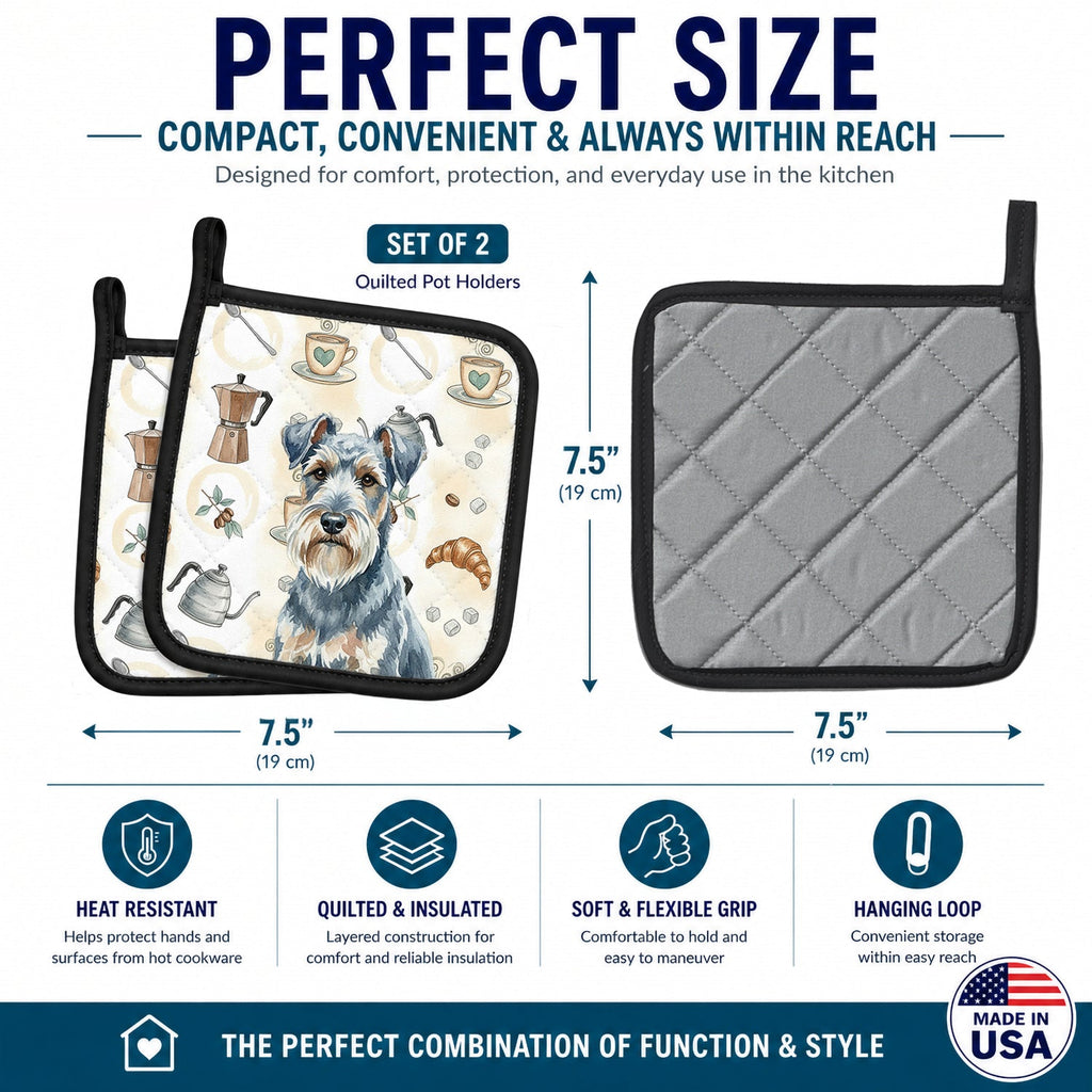 Blue Lakeland Terrier Coffee Bar Pot Holder Set of 2 Heat Resistant Quilted Hot Pads 7.5 x 7.5 Inch, Insulated Kitchen Trivets for Cooking & Baking