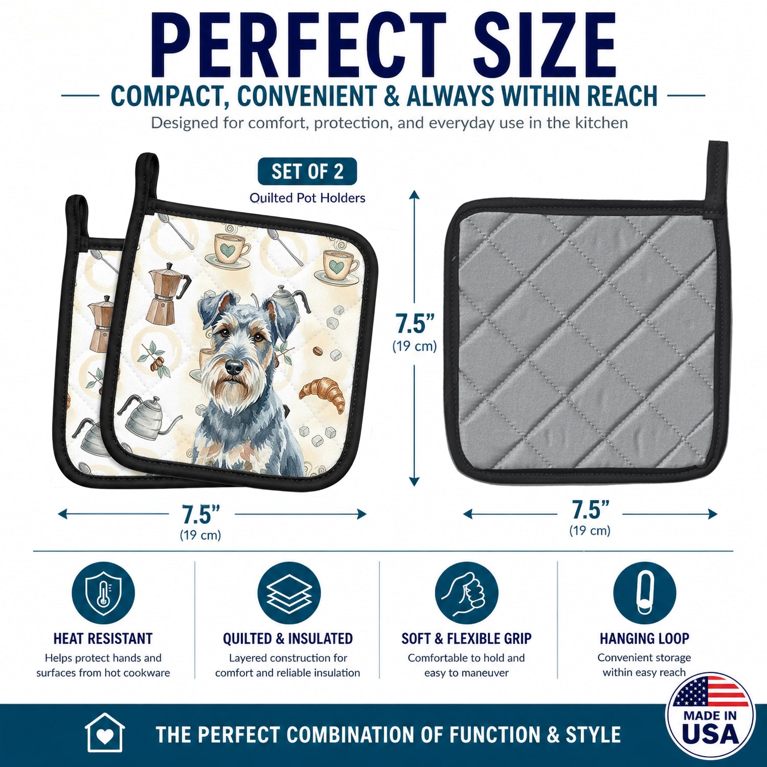 Blue Lakeland Terrier Coffee Bar Pot Holder Set of 2 Heat Resistant Quilted Hot Pads 7.5 x 7.5 Inch, Insulated Kitchen Trivets for Cooking & Baking