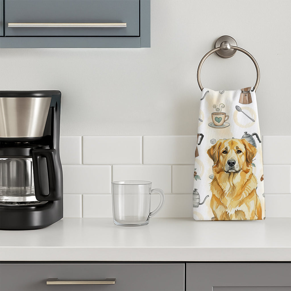 Lion Yellow Leonberger Coffee Bar Kitchen Towel Velour Plush Front and Cotton Loop Back Machine Washable