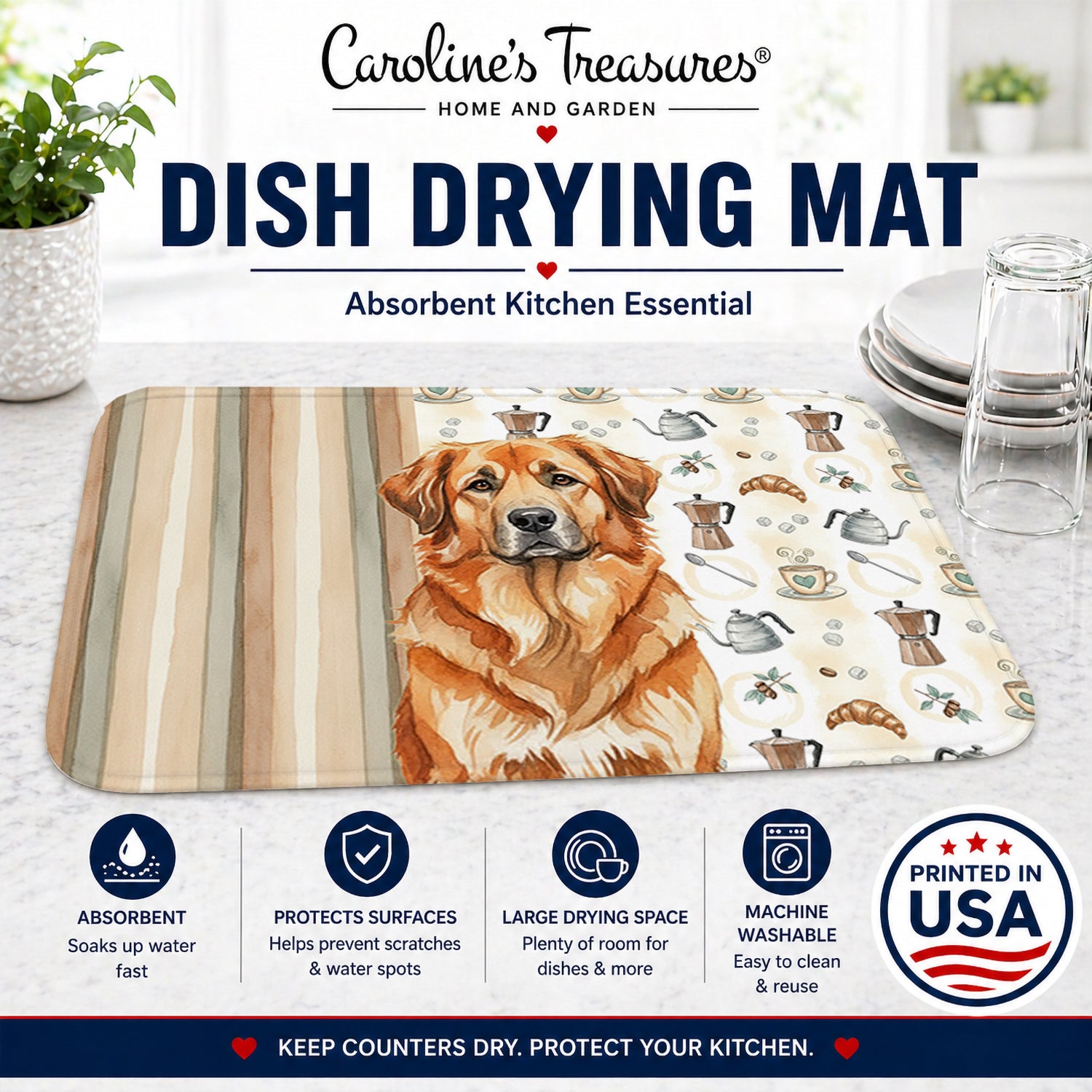Red Leonberger Coffee Bar Dish Drying Mat Absorbent Dish Drying Mat Pad for Kitchen Counter Dish Drainer Mat for Countertop, 14 x 21", Multicolor