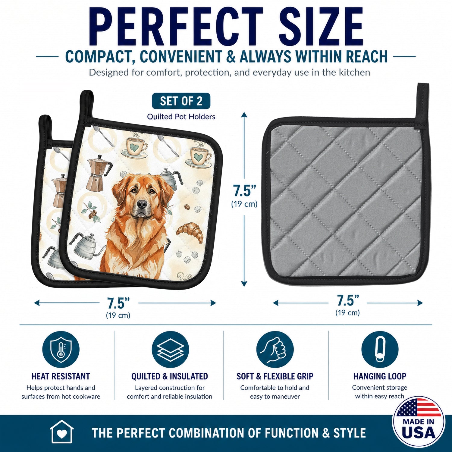 Red Leonberger Coffee Bar Pot Holder Set of 2 Heat Resistant Quilted Hot Pads 7.5 x 7.5 Inch, Insulated Kitchen Trivets for Cooking & Baking