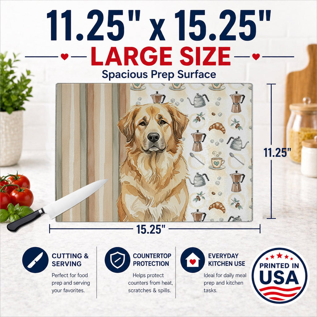 Sandy Leonberger Coffee Bar Cutting Board Tempered Glass Kitchen Cutting Surface, Heat Resistant Chopping, Non-Slip Feet, Food Prep & Serving