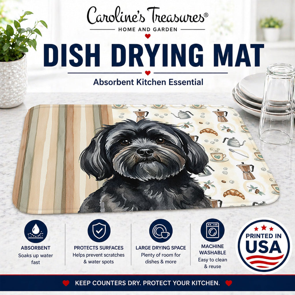 Black Lhasa Apso Coffee Bar Dish Drying Mat Absorbent Dish Drying Mat Pad for Kitchen Counter Dish Drainer Mat for Countertop, 14 x 21", Multicolor