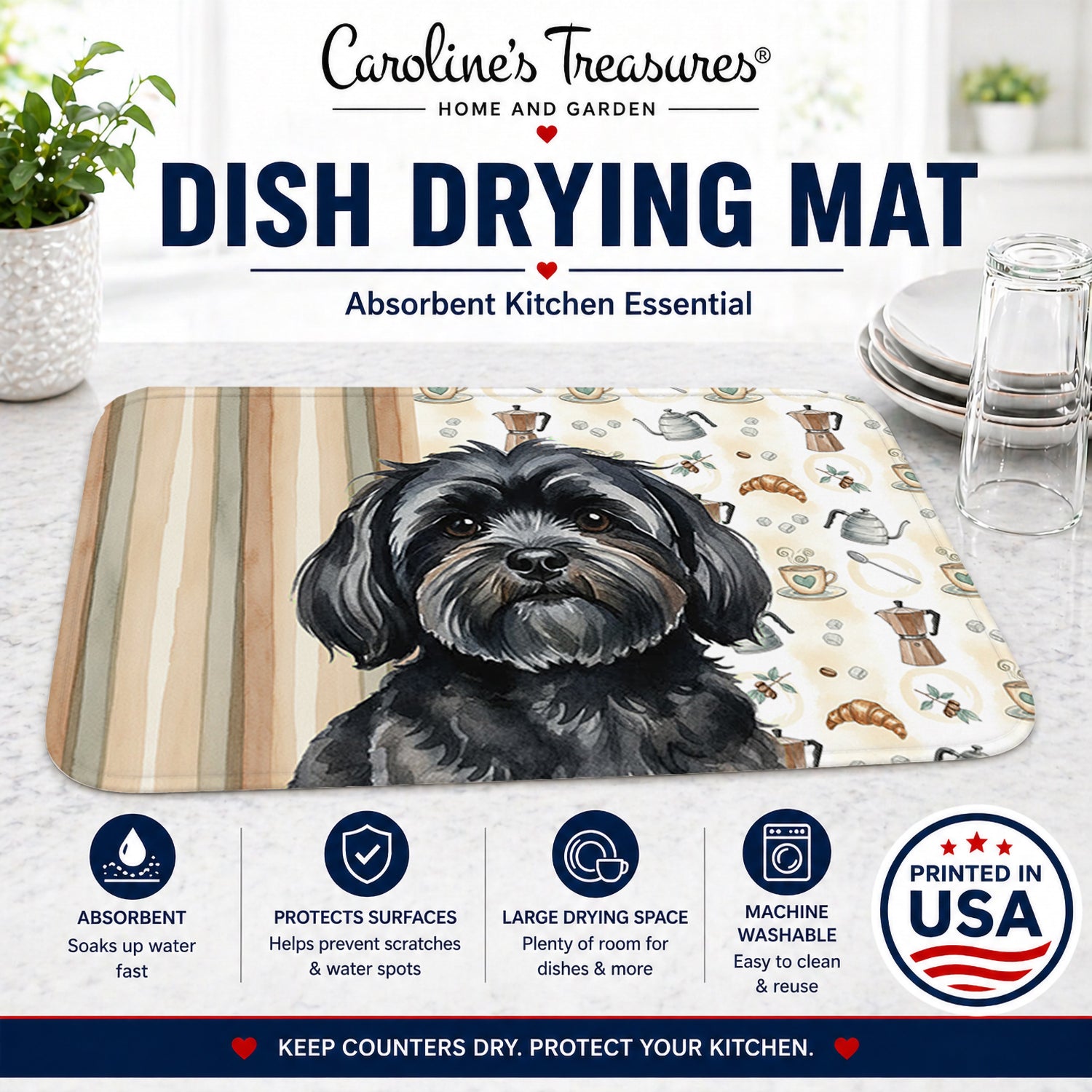 Black Lhasa Apso Coffee Bar Dish Drying Mat Absorbent Dish Drying Mat Pad for Kitchen Counter Dish Drainer Mat for Countertop, 14 x 21", Multicolor