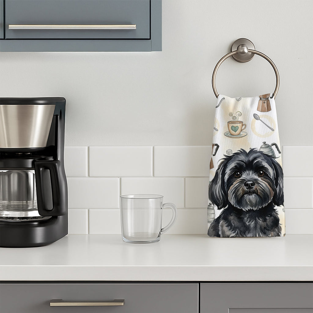 Black Lhasa Apso Coffee Bar Kitchen Towel Velour Plush Front and Cotton Loop Back Machine Washable