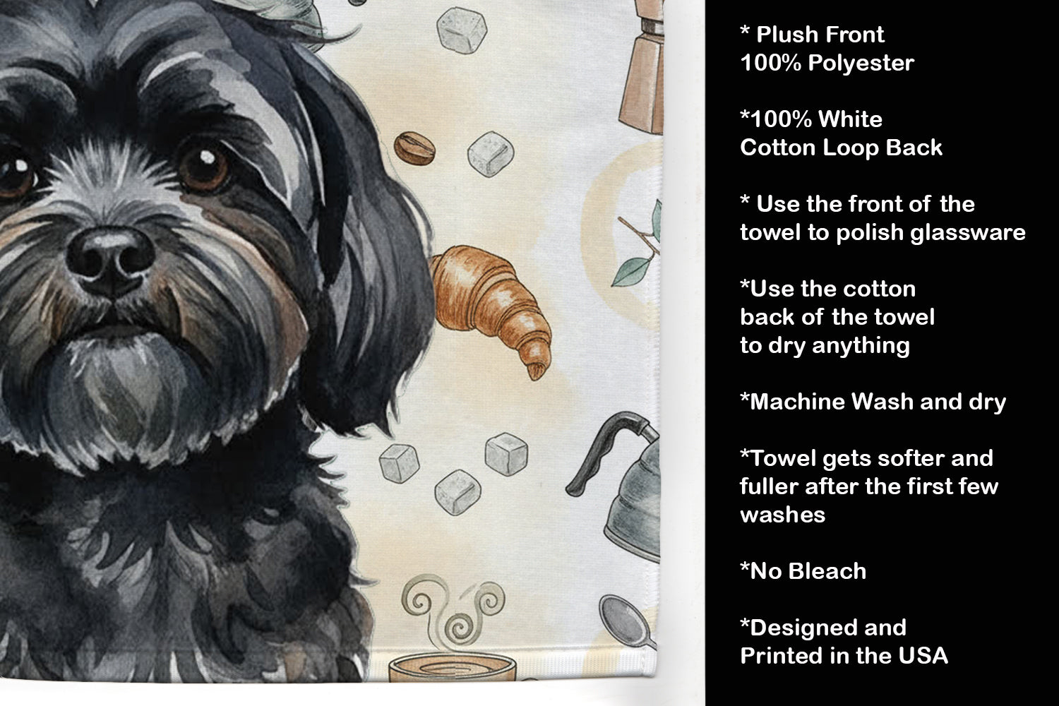 Black Lhasa Apso Coffee Bar Kitchen Towel Velour Plush Front and Cotton Loop Back Machine Washable