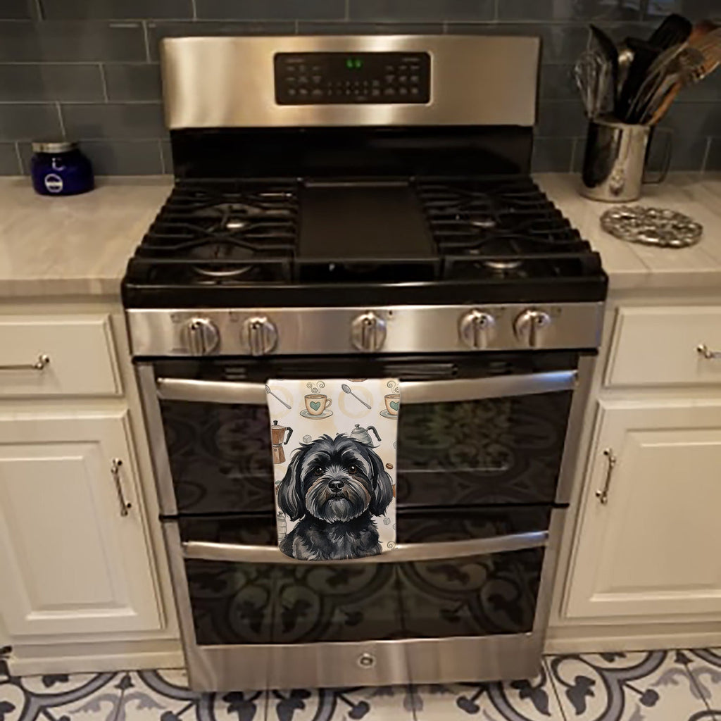 Black Lhasa Apso Coffee Bar Kitchen Towel Velour Plush Front and Cotton Loop Back Machine Washable