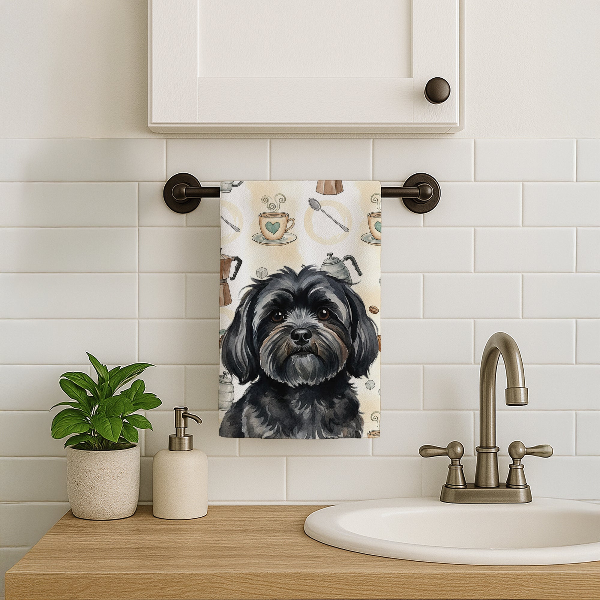 Black Lhasa Apso Coffee Bar Kitchen Towel Velour Plush Front and Cotton Loop Back Machine Washable