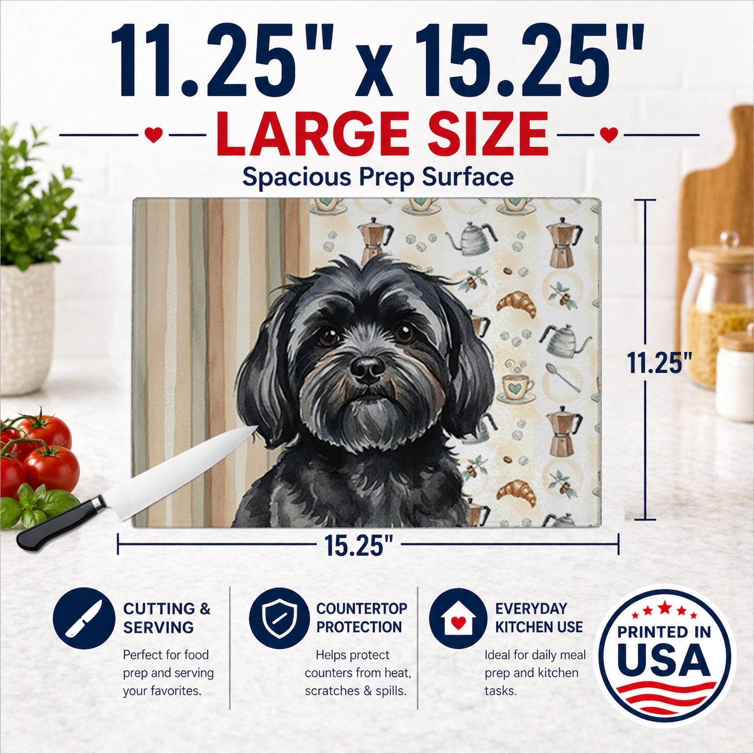 Black Lhasa Apso Coffee Bar Cutting Board Tempered Glass Kitchen Cutting Surface, Heat Resistant Chopping, Non-Slip Feet, Food Prep & Serving