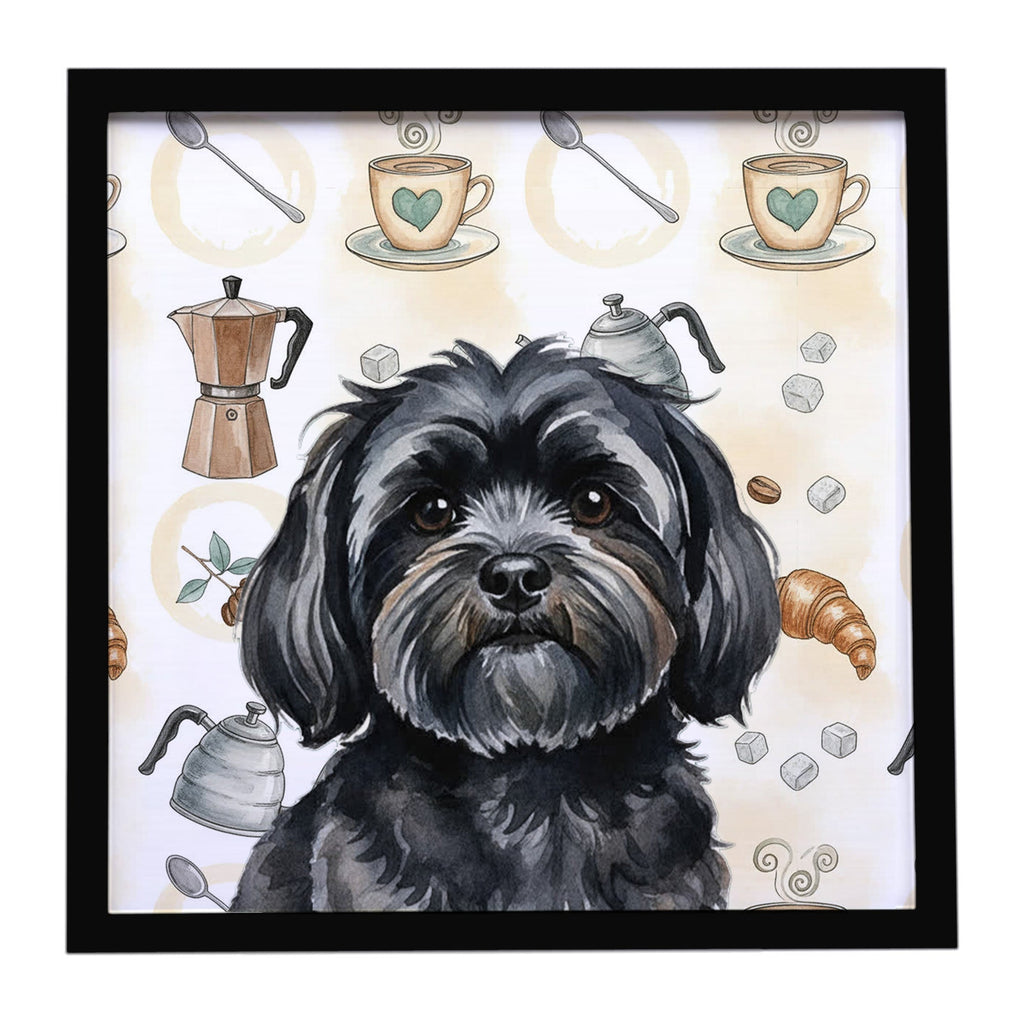 Black Lhasa Apso Coffee Bar Framed Metal Print Bathroom, Kitchen, Office, Home Decor Wall Art Ready to Hang, Square, 8X8