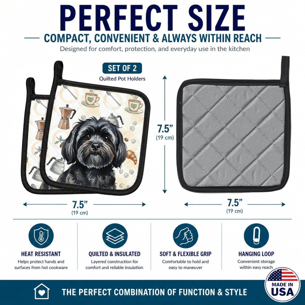 Black Lhasa Apso Coffee Bar Pot Holder Set of 2 Heat Resistant Quilted Hot Pads 7.5 x 7.5 Inch, Insulated Kitchen Trivets for Cooking & Baking